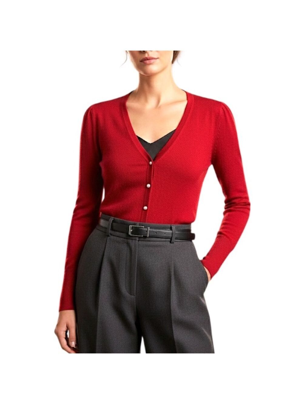 Majolica Japan bright red pearl button fitted cardigan sweater L